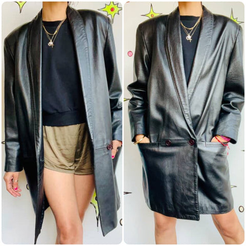 Vintage 80s 90s | Black Leather Trench Coat | Size Small