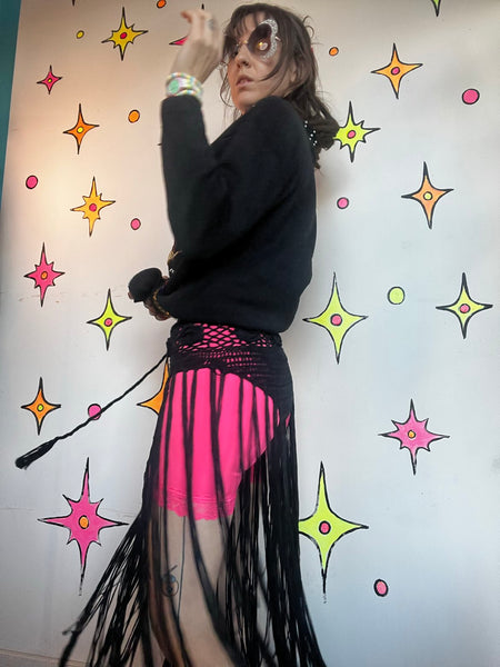 Black Crochet Fringe Shorts Y2K Festival Boho Rave Goth Maximalist Hot Pants S