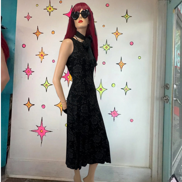 Vintage 90s Whimsigoth Glitter Dress Black Sparkle Goth Fairy Maxi Dress - S