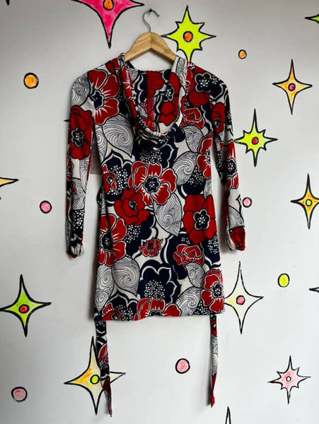 Vintage 60s Navy Red White Psychedelic Print Micro Mini Dress Mod Space Age - XS