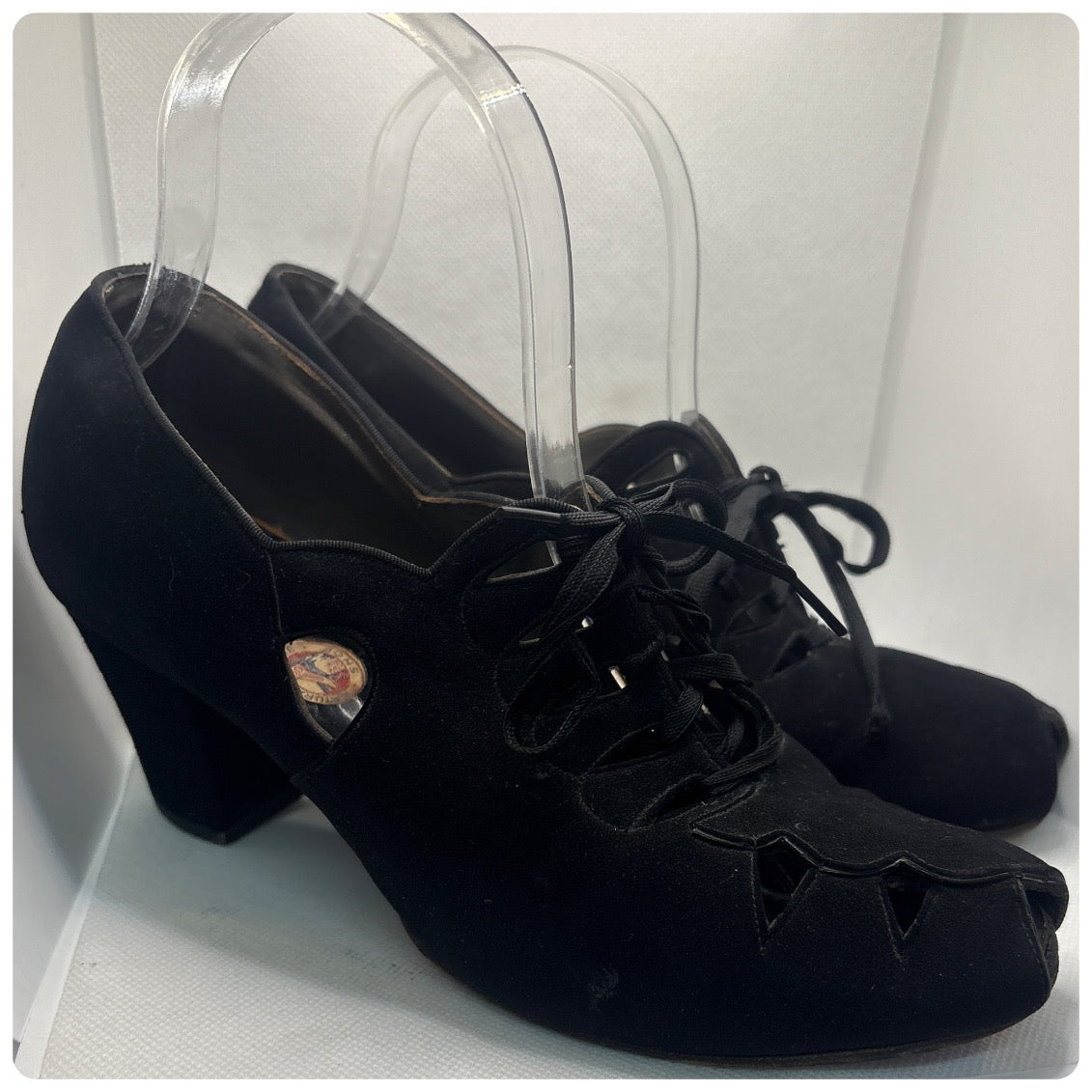 Vintage 1930s 40s Black Suede Peep Toe Lace-Up Cut-Out Heels - Shoes - 6.5 7
