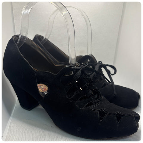 Vintage 1930s 40s Black Suede Peep Toe Lace-Up Cut-Out Heels - Shoes - 6.5 7