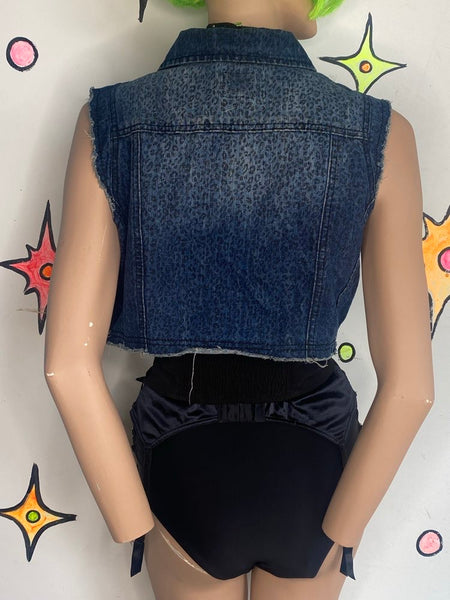 Leopard Print Cropped Denim Vest Y2K Indie Sleaze Grunge Western Top