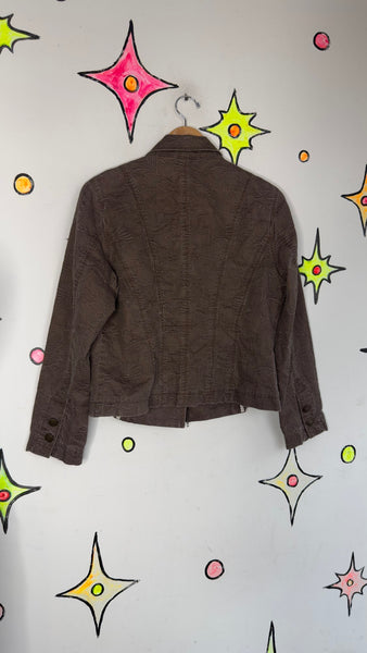 Brown Cropped Blazer Y2K Fairy Academia Embroidered Linen Feel - Preppy Glam M