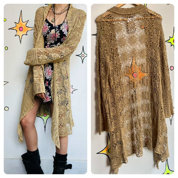 Vintage 90s Y2K Gold Crochet Fairy Grunge Boho Duster Robe Sweater – 14/16