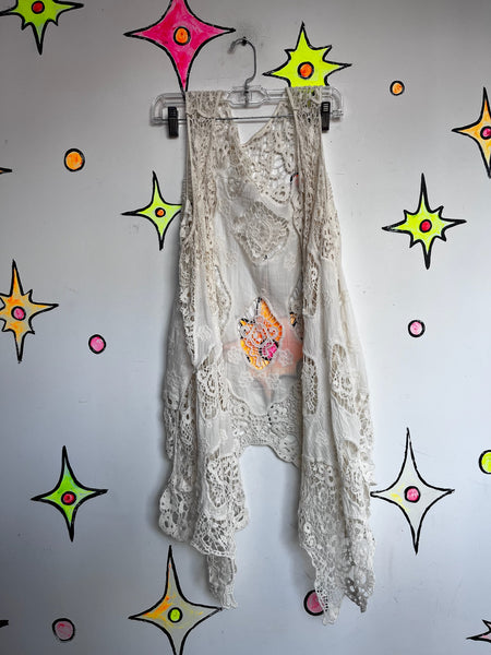 Vintage White Crochet Long Vest ' Boho Western Duster Fairy Grunge Lace Layer SM