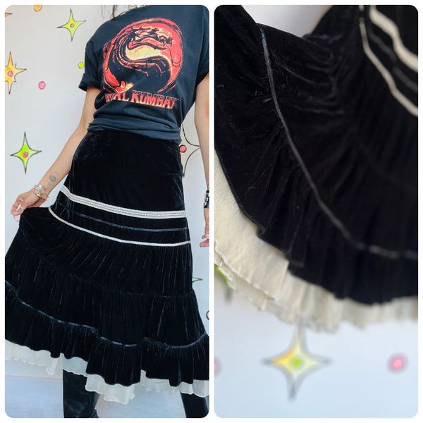 Vintage Y2K Black Velvet with Lace Tiered Midi Skirt - Fairy Grunge Whimsy Goth - Size S