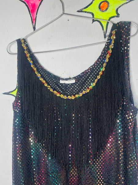 Rainbow Fringe Flapper Dress Metallic 60s GoGo Dancer Party Costume M/L