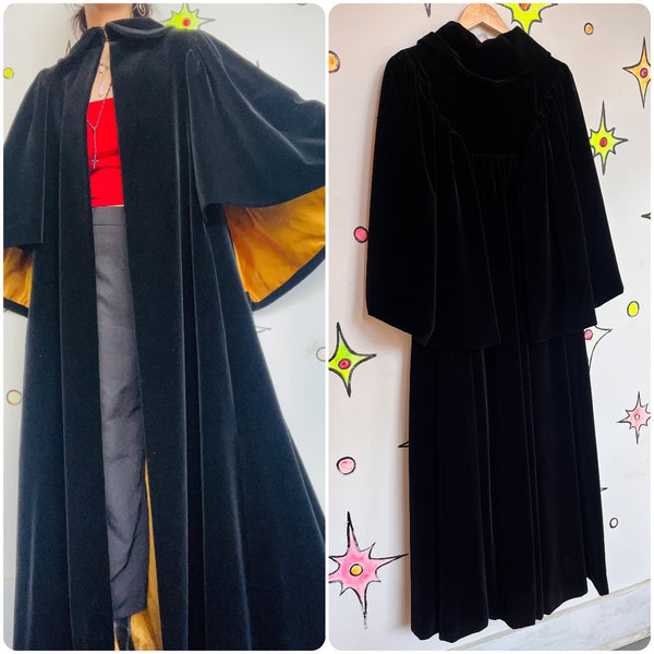 Vintage Antique? Rococo Cloak | Black Velvet Cape Lined in Gold Satin | OS