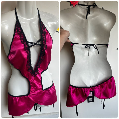 Vintage Y2K | Hot Pink & Black Sexy Satin Goth Punk Teddy Lingerie | One Size