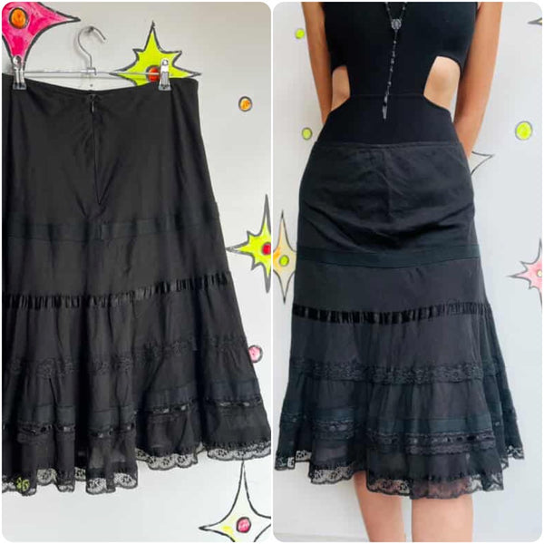 Vintage Black Tiered Lace Ruffle Midi Skirt Whimsy Goth Coquette Fairy Grunge SM