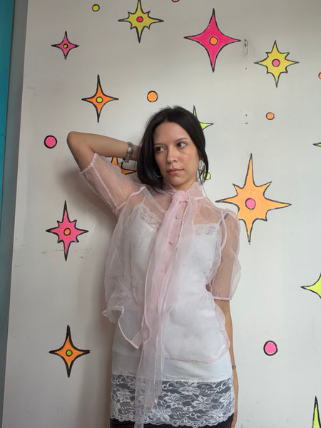 Pastel Pink Organza Sheer Bow Blouse Dollcore Victorian Balletcore Fairy Top M