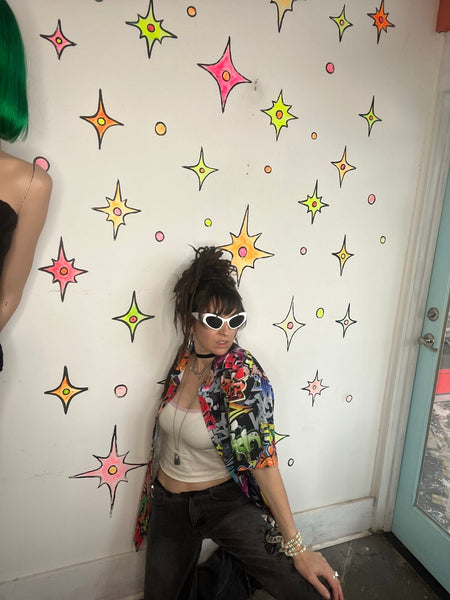 Vintage Graffiti Shirt Retro Y2K Pop Art Rainbow Top 90s Abstract Disco XL