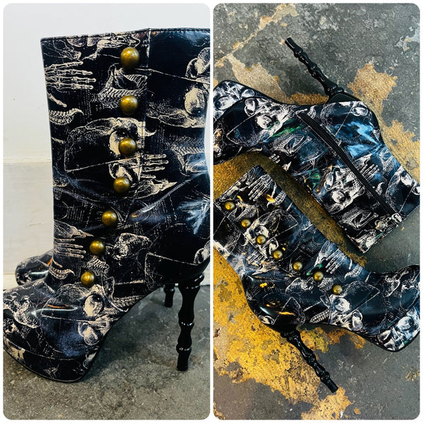 Too Fast X Ray Anatomy Skull Print Victorian Boot Rockabilly Pinup Goth - Size 8