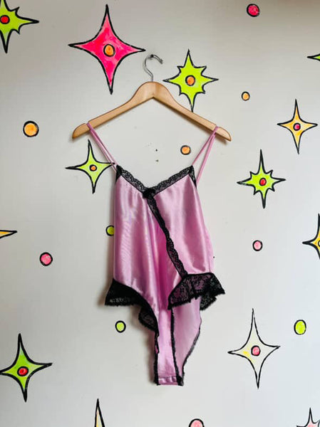 Vintage 80s Vamp Pink Satin & Black Lace Teddy Coquette Fairy Grunge Lingerie S