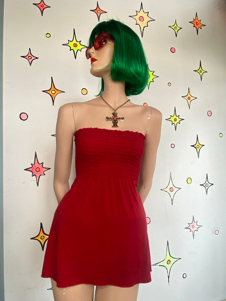 90s Red Ruched Babydoll Tube Top Trixxi Y2K Flowy Strapless Blouse S
