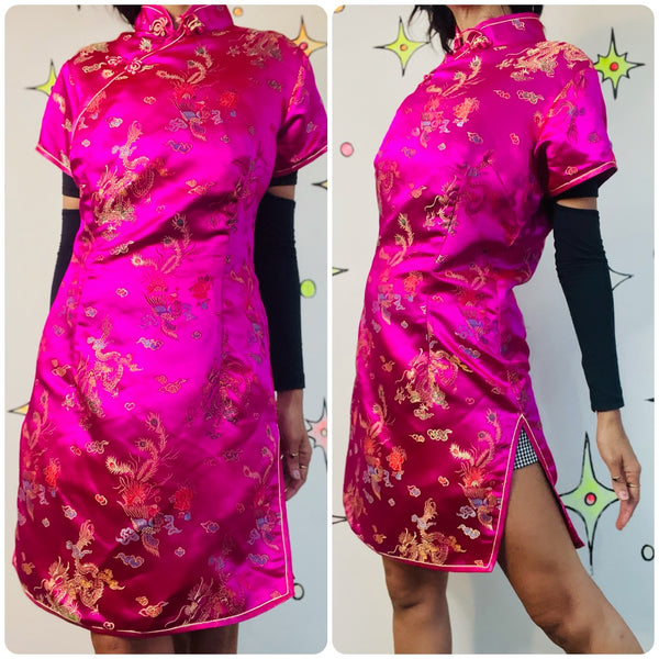 Vintage Hot Pink & Gold Satin Cheongsam Mini Dress | Geisha Kimono Style | M/L