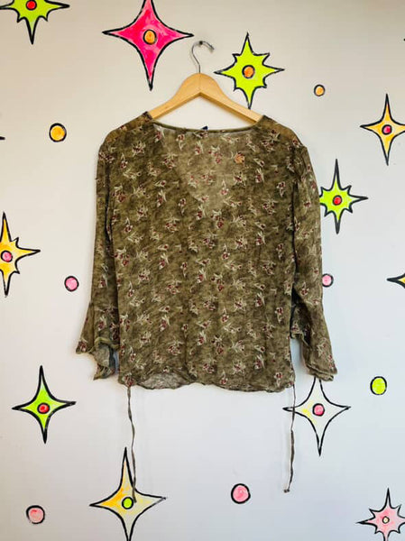 Vintage 80s 90s Boho Grunge Gauzy Fairy Grunge Boho Bell Sleeve Blouse Top | XL