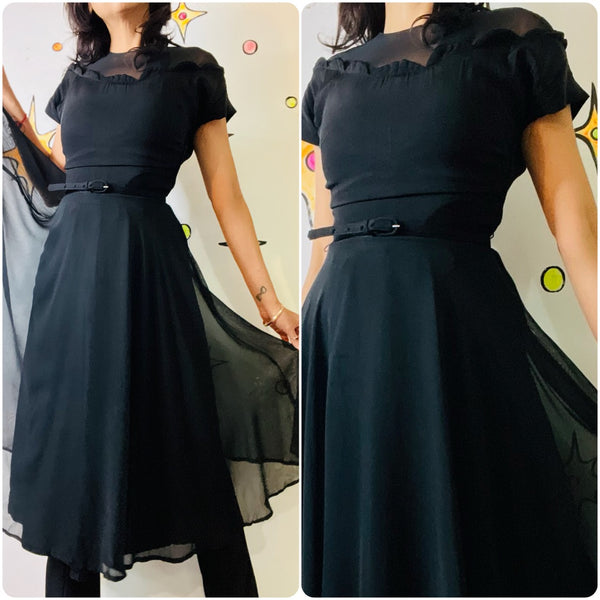 50s Fit & Flare Dress - Witchy Goth Pin-Up - Sheer Neckline - Black Cocktail - S