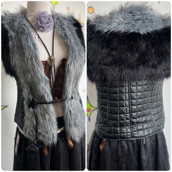 Vintage Y2K Black Vest w Vegan Faux Fur Trim Fairy Grunge Glam | Indie Sleaze S