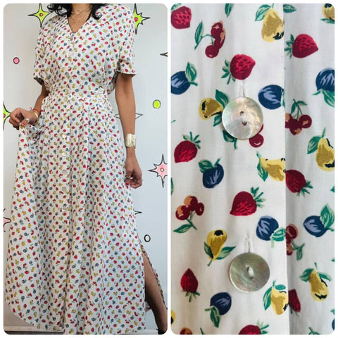 Vintage 90s Fruit Print Dress Fairy Grunge Boho Cottagecore Midi Size 40 (M/L)