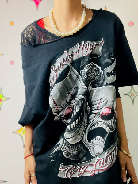 Y2K Tattoo Print Goth Grunge Clowncore Clown Mask Horror Thrashed Tee T Shirt - XL