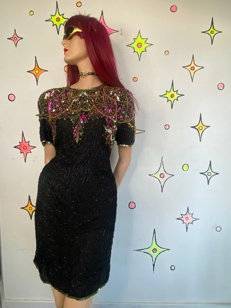 True Vintage 80s Funky Swirly Sequined Silk Midi Dress Formal Editorial Glam L