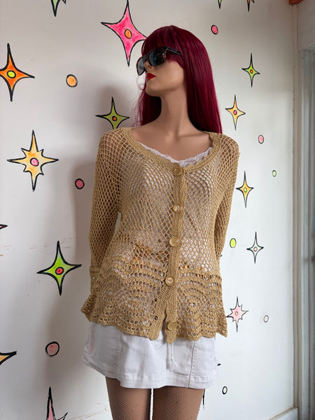 90s Prairie Beige Crochet Lace Cardigan Boho Western Whimsy Grunge | L