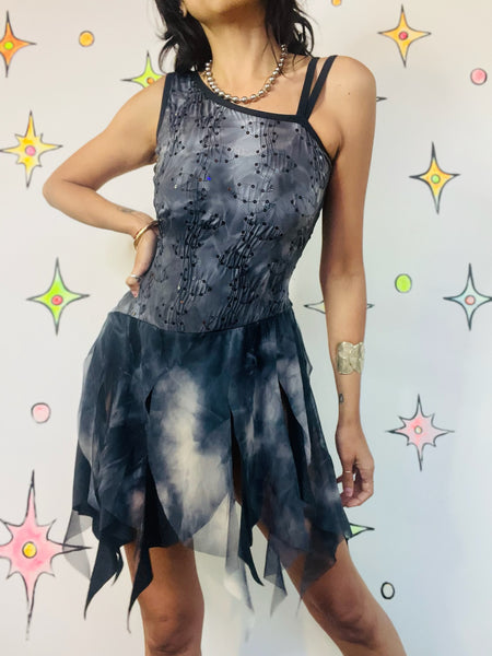Y2K Glitter Asymmetric Fairy Whimsy Goth Handkerchief Hem Mini Skater Dress - S