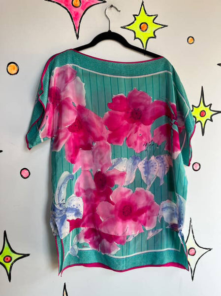 Vintage Billie Kunody Art Print Silk Oversized Boho Top / Blouse - Flowy One Size