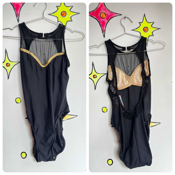 Vintage 80s/90s Black One-Piece Swimsuit w/ Mesh Chest & Gold Trim – Size 7/8