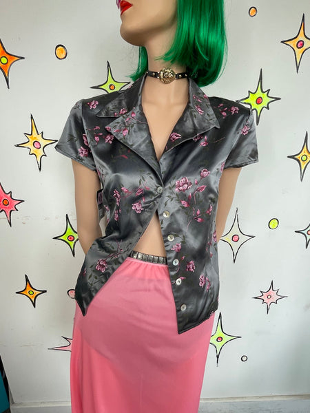 Vintage 90s Satin Floral Button Up Shirt Silver and Purple Fairy Grunge Blouse M