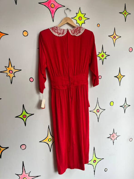 Vintage 80s Secretary Dress - NWT - Babydoll Grunge Cherry Red - Lace Collar - S