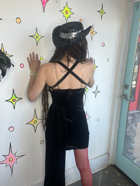 Black Velvet Beaded Gown Sheer Cutout Gothic Formal Dress with Train Size M
