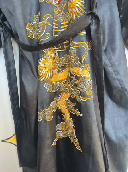 Vintage Black & Gold Satin Embroidered Kimono Lounge Robe w Dragon Size M-L