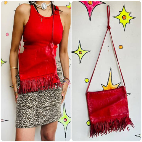 Vintage Red Leather Fringe Crossbody Bag – Western Rock ‘n’ Roll Glam – 80s/90s