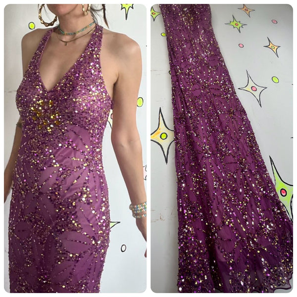 Vintage Y2K Glitter Glam Adrianna Papell Silk Fully Beaded Goddess Formal Gown 4