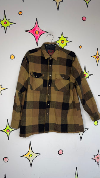 90s Ochre Plaid Wool Blend Jacket Grunge Flannel Lined Shirt Jacket Men’s Large