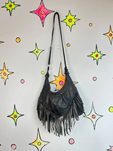 Vintage Black Leather Fringe Crossbody Bag Grunge Rock n Roll Boho Concho Purse