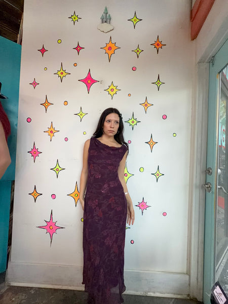 90s Purple Fairy Grunge Cowl Neck Midi Dress Ethereal Romantic Gown - M