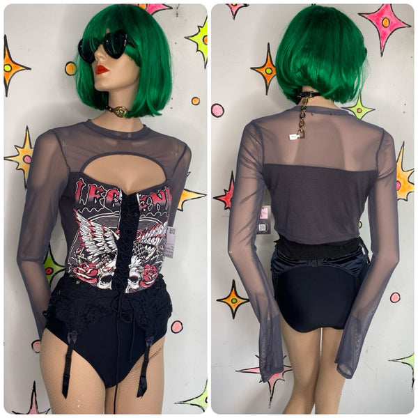 Y2K Upcycled Biker Corset Tee Lace Up Punk Emo Grunge Goth Graphic Corset Top M