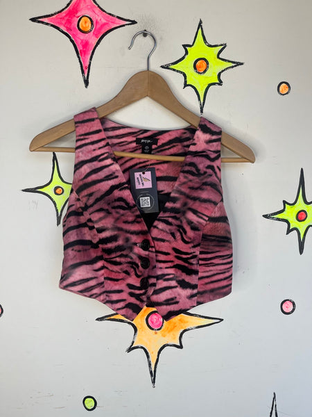 Pink Tiger Print Cropped Vest | Y2K Glam Grunge Rocker Vegan Suede Top – S