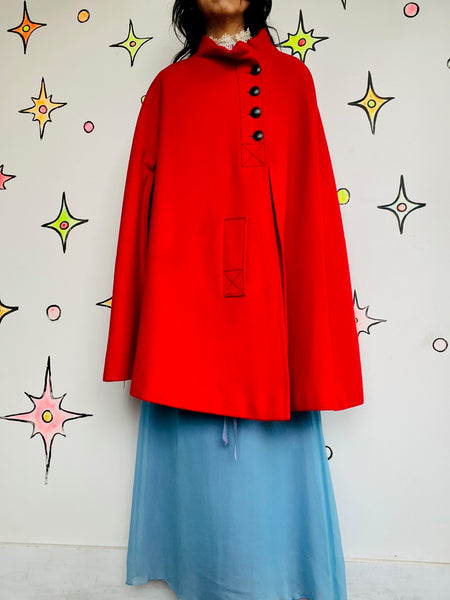 Vintage 60s Cherry Red Cape Coat | Heavy Warm Wool Feel Cloak | Mod Swing Cape