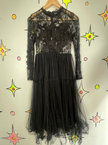 Vintage 80s Goth Lace Tulle Dress Black Romantic Vamp Tutu Maxi Prom Goth Gown S