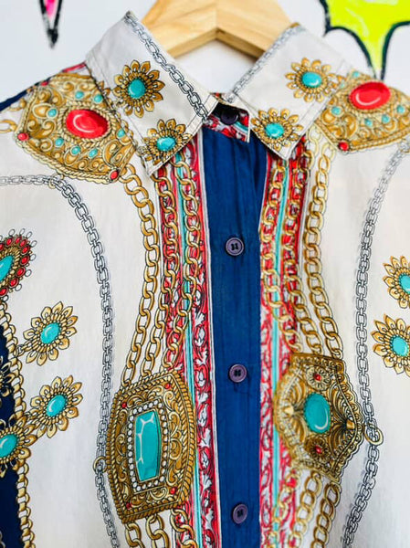 Vintage 90s Silk Scarf Print Rococo Revival Blouse - Boho Grunge Long Sleeve - M