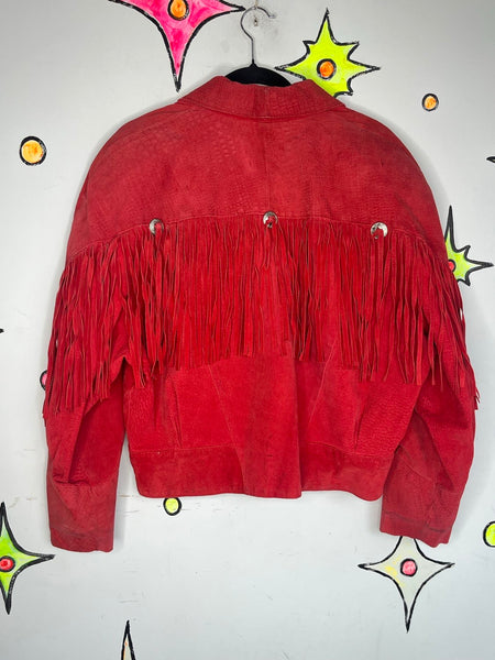 Vintage Red Suede Jacket 80s Cropped Fringe Leather Western Grunge L XL