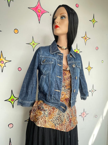 Cropped Y2K Denim Moto Indie Sleaze Emo Grunge Jean Jacket Vintage - S