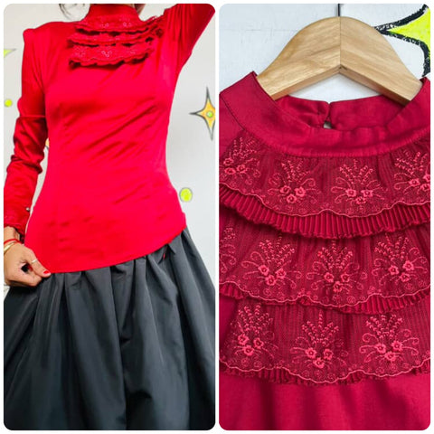 Vintage 80s Red Ruffled Victorian Revival Blouse Whimsy Goth Cottagecore | L/XL