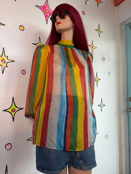 Archival 2002 Dolce & Gabbana Silk Rainbow Stripe Bow Blouse Circus Clowncore ML