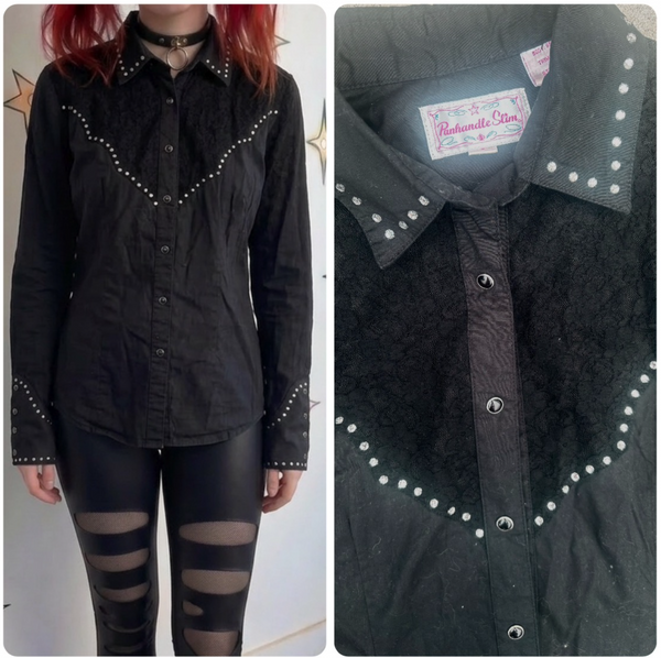 Vintage Rhinestone Pearl Snap Shirt Black Western Cowgirl Goth Glam Bling Top S